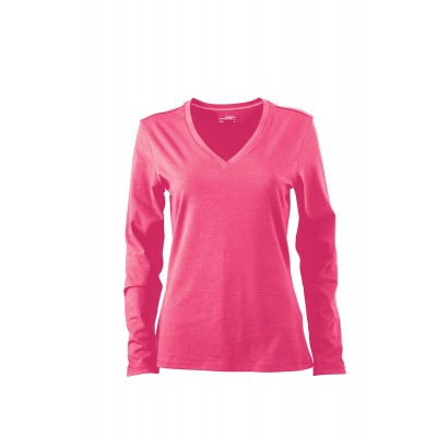 T-Shirt Ladies' Stretch V-Shirt Long-Sleeved colore pink taglia S